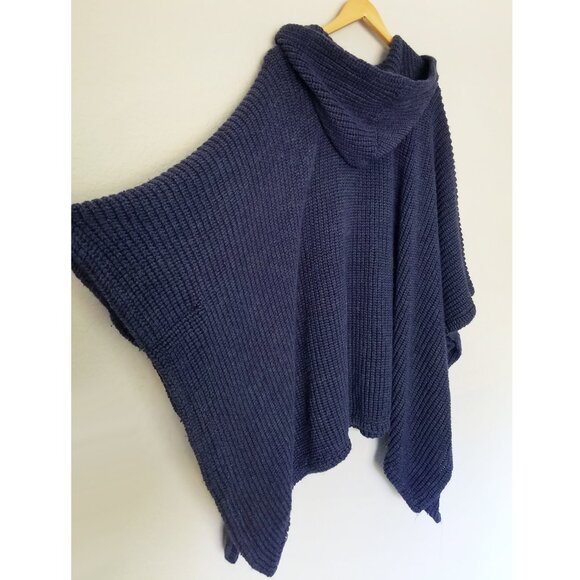 Free People Hooded Chunky Knit Oversized Poncho Ribbed Knit Pocket Navy Blue OS - Picture 10 of 16